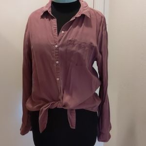 Pink chambray tie front top
